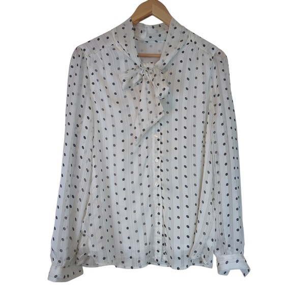Vintage 70s Polka Dot Striped  Neck Tie Blouse Sheer Secretary Top - Picture 4 of 13